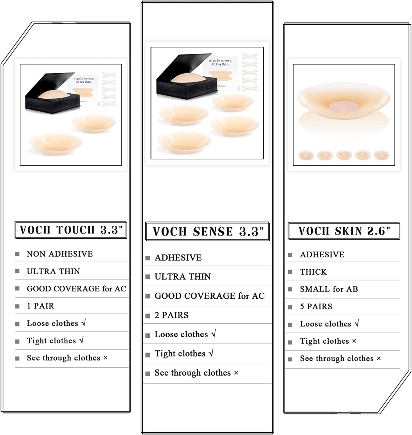 VOCH GALA Nipple Cover Ultra Thin, 2 Pairs, Silicone Nipple Pasties for Women Reusable, Breast Petals, Travel Essentials