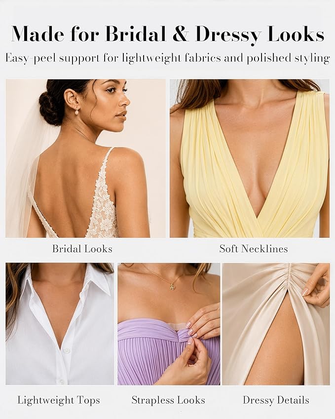 VOCH GALA 100 Strips Double Sided Fashion Garment Tape for Clothes & Body - Easy Peel Lingerie Strips for Bridal & Bridesmaid Wedding Dresses | PE Film | Less Residue for Delicate Fabrics