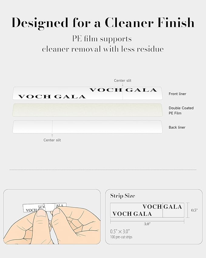 VOCH GALA 100 Strips Double Sided Fashion Garment Tape for Clothes & Body - Easy Peel Lingerie Strips for Bridal & Bridesmaid Wedding Dresses | PE Film | Less Residue for Delicate Fabrics