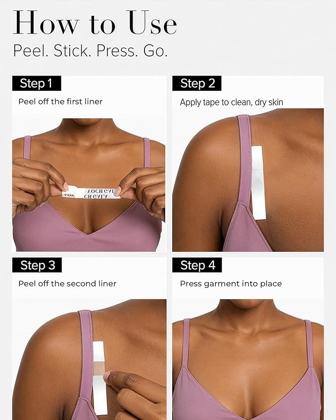 VOCH GALA 100 Strips Double Sided Fashion Garment Tape for Clothes & Body - Easy Peel Lingerie Strips for Bridal & Bridesmaid Wedding Dresses | PE Film | Less Residue for Delicate Fabrics